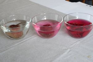 3 Glasschälchen ungeschälter roter Bete, geschälter roter Bete und roter Bete in Stückchen in Wasser