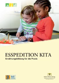 Titelseite einer Broschüre mit zwei Kita-Kindern beim Gemüseschneiden