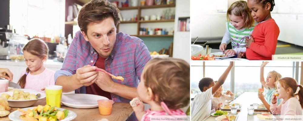 3 Fotos mit Kindern am Esstisch und beim Zubereiten von Lebensmitteln