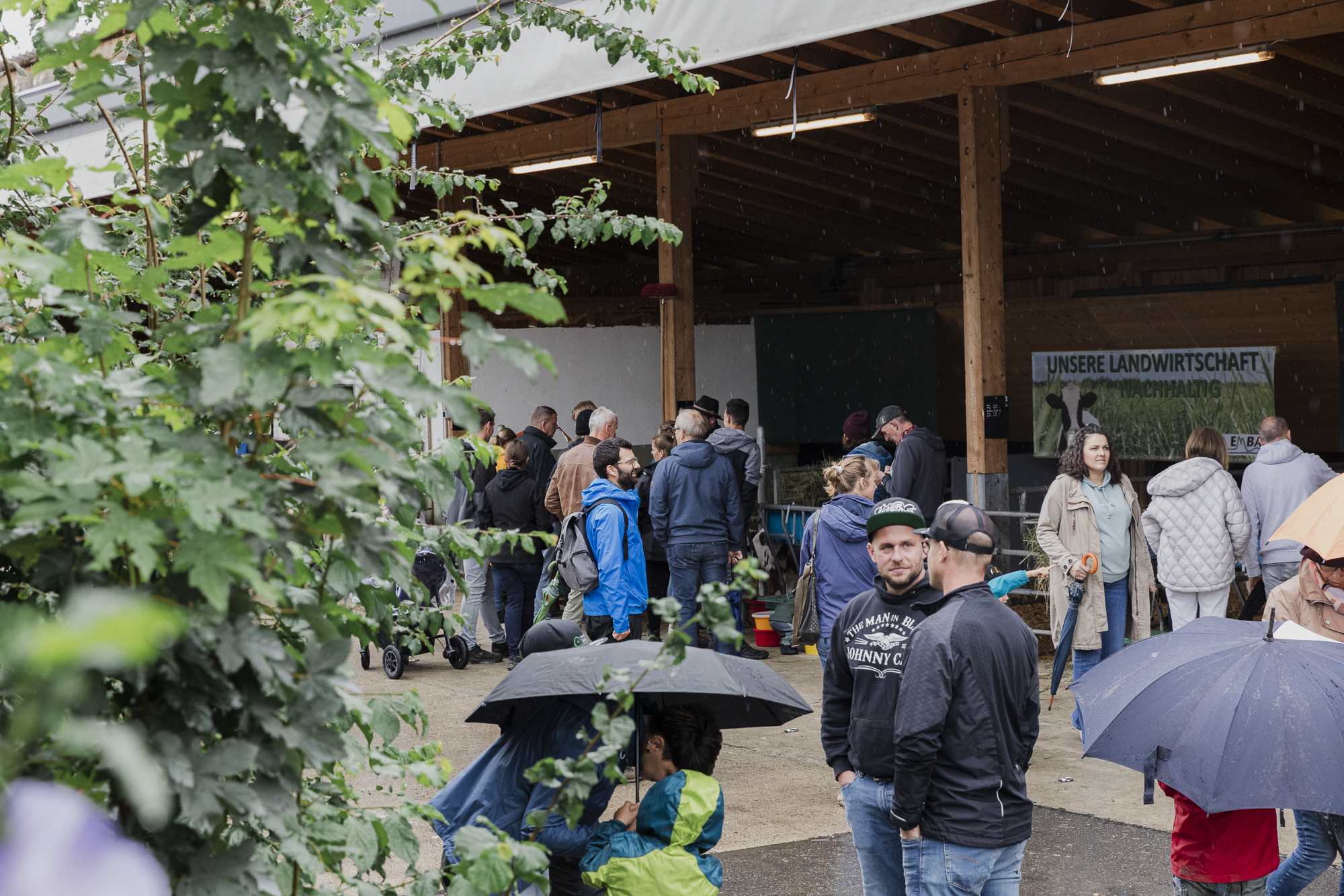 Besucher auf dem Hof mit vielen Regenschirmen